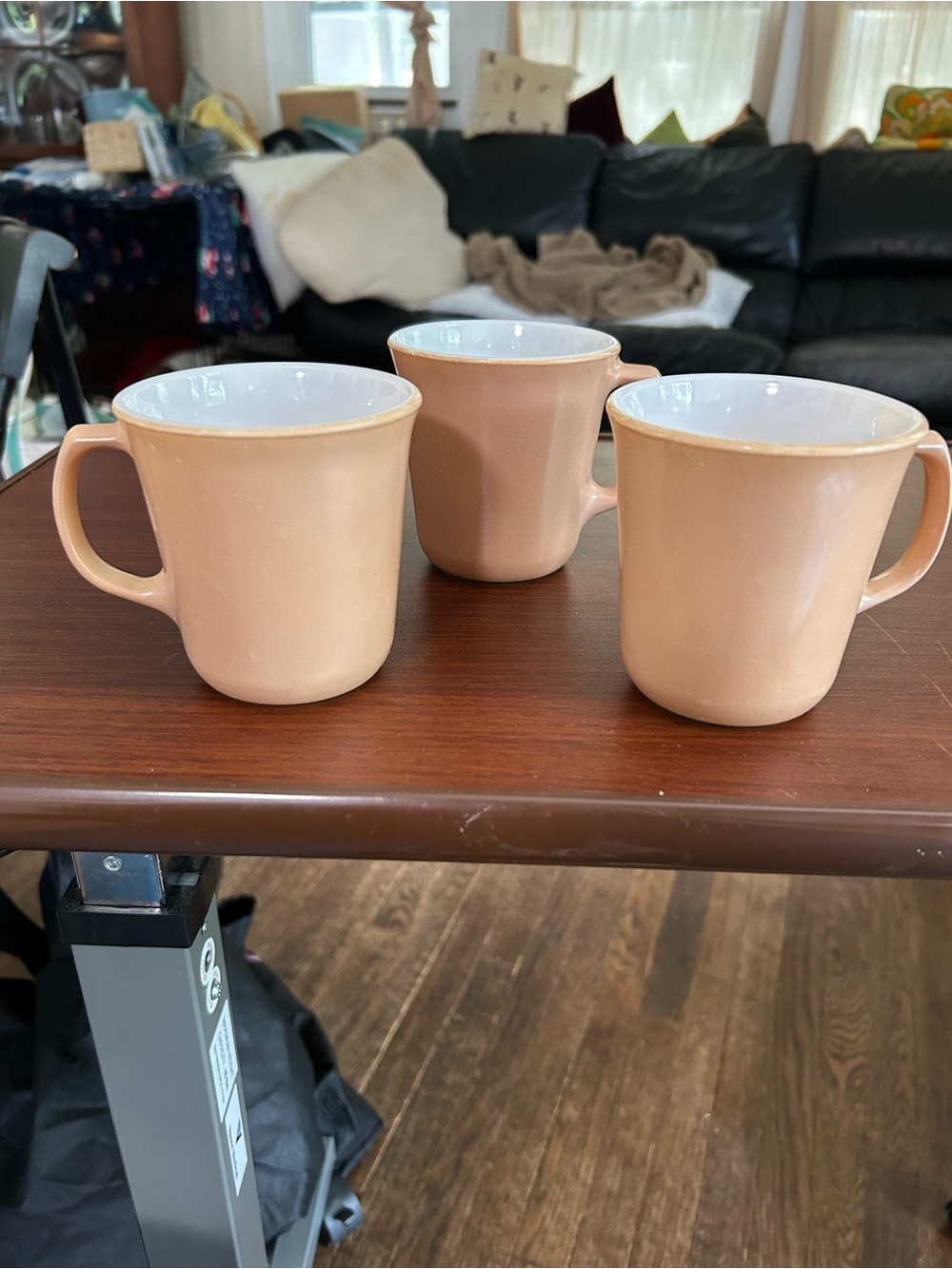 Classic vintage diner 8 ounce mugs, 2 from Pyrex, 1 from Corning, Beige.